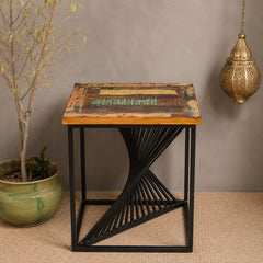 Industrial Reclaimed Wood & Metal Side Table – Rustic Handmade Accent Table with Geometric Iron Base | Modern Loft Furniture