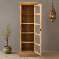 Vintage Wooden Display Cabinet with Glass Door – Handcrafted Rustic Tall Storage Unit with Carved Detailing