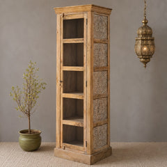 Vintage Wooden Display Cabinet with Glass Door – Handcrafted Rustic Tall Storage Unit with Carved Detailing