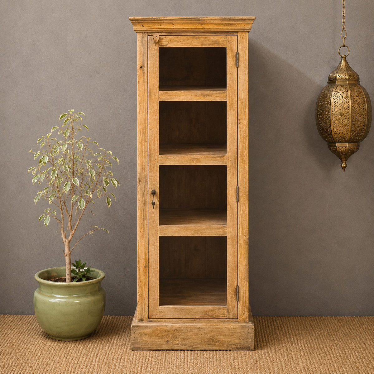 Vintage Wooden Display Cabinet with Glass Door – Handcrafted Rustic Tall Storage Unit with Carved Detailing