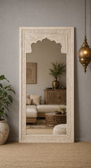 Vintage Hand Carved Full Length Mirror – Whitewashed Wooden Floor Mirror with Floral Arch Detailing