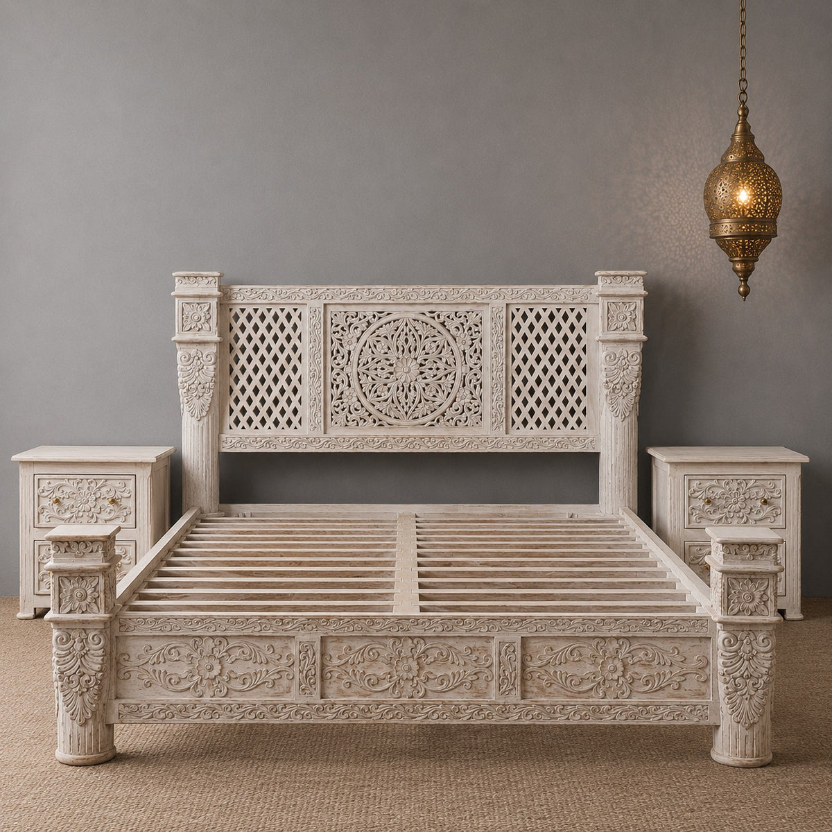 Vintage Hand Carved Wooden Bed Frame Set – Whitewashed Queen Size Bed with Floral Carving
