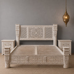 Vintage Hand Carved Wooden Bed Frame Set – Whitewashed Queen Size Bed with Floral Carving