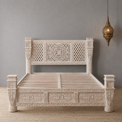 Vintage Hand Carved Wooden Bed Frame Set – Whitewashed Queen Size Bed with Floral Carving