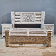 Vintage Hand Carved Wooden Bed Frame Set – Whitewashed Queen Size Bed with Floral Carving