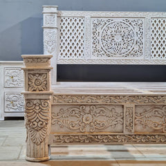 Vintage Hand Carved Wooden Bed Frame Set – Whitewashed Queen Size Bed with Floral Carving