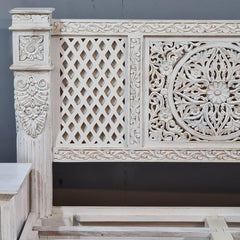 Vintage Hand Carved Wooden Bed Frame Set – Whitewashed Queen Size Bed with Floral Carving