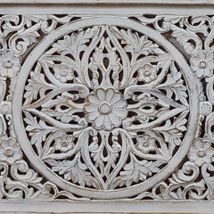 Vintage Hand Carved Wooden Bed Frame Set – Whitewashed Queen Size Bed with Floral Carving