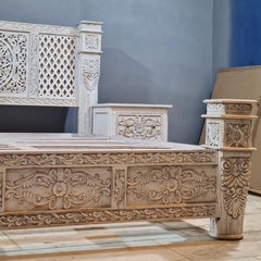 Vintage Hand Carved Wooden Bed Frame Set – Whitewashed Queen Size Bed with Floral Carving