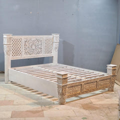 Vintage Hand Carved Wooden Bed Frame Set – Whitewashed Queen Size Bed with Floral Carving