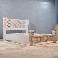 Vintage Hand Carved Wooden Bed Frame Set – Whitewashed Queen Size Bed with Floral Carving