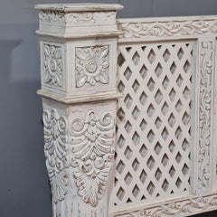 Vintage Hand Carved Wooden Bed Frame Set – Whitewashed Queen Size Bed with Floral Carving