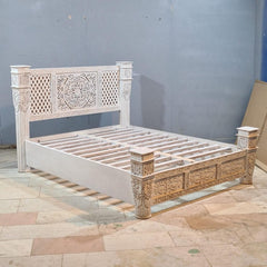 Vintage Hand Carved Wooden Bed Frame Set – Whitewashed Queen Size Bed with Floral Carving