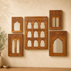 Handcrafted Wooden Wall Mirror Set – Rustic Moroccan Arch Mirror Frames | Boho Farmhouse Wall Decor (Set of 5)