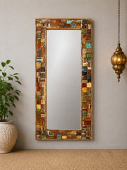 Vintage Reclaimed Wood Floor Mirror – Handmade Rustic Mosaic Frame Mirror with Multi-Color Wooden Detailing