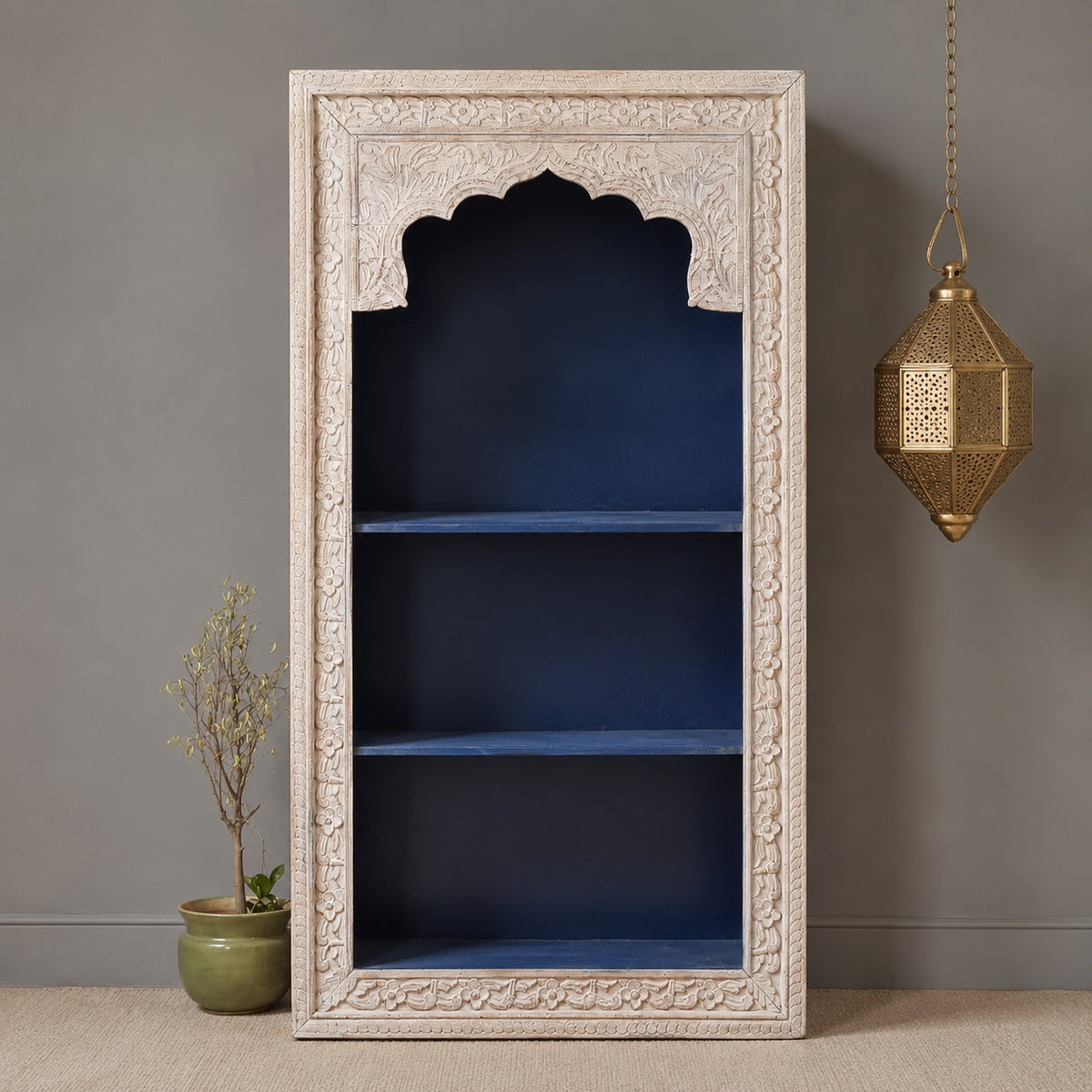 Vintage Hand Carved Wooden Display Shelf – Whitewashed Rustic Bookcase with Moroccan Arch Detailing
