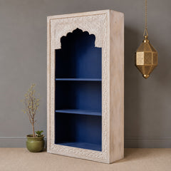 Vintage Hand Carved Wooden Display Shelf – Whitewashed Rustic Bookcase with Moroccan Arch Detailing