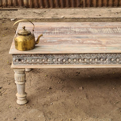 Hand-Carved Wooden Coffee Table | Whitewash Rustic Center Table | Handmade Living Room Coffee Table | Farmhouse & Boho Furniture