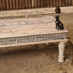 Hand-Carved Wooden Coffee Table | Whitewash Rustic Center Table | Handmade Living Room Coffee Table | Farmhouse & Boho Furniture