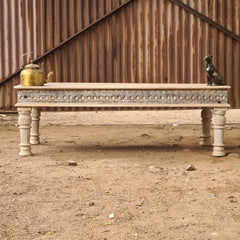 Hand-Carved Wooden Coffee Table | Whitewash Rustic Center Table | Handmade Living Room Coffee Table | Farmhouse & Boho Furniture