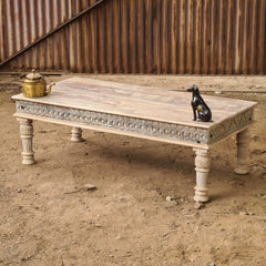 Hand-Carved Wooden Coffee Table | Whitewash Rustic Center Table | Handmade Living Room Coffee Table | Farmhouse & Boho Furniture