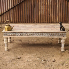Hand-Carved Wooden Coffee Table | Whitewash Rustic Center Table | Handmade Living Room Coffee Table | Farmhouse & Boho Furniture