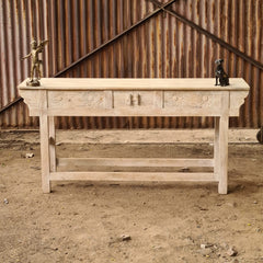 Handcrafted Solid Wood Console Table with 3 Drawers and Floral Carved Details | Rustic Entryway, Hallway & Living Room Accent Table