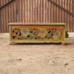 Hand-Painted Floral Blanket Box | Traditional Rajasthan Wooden Storage Chest with Hand-Carved Folk Art Detailing