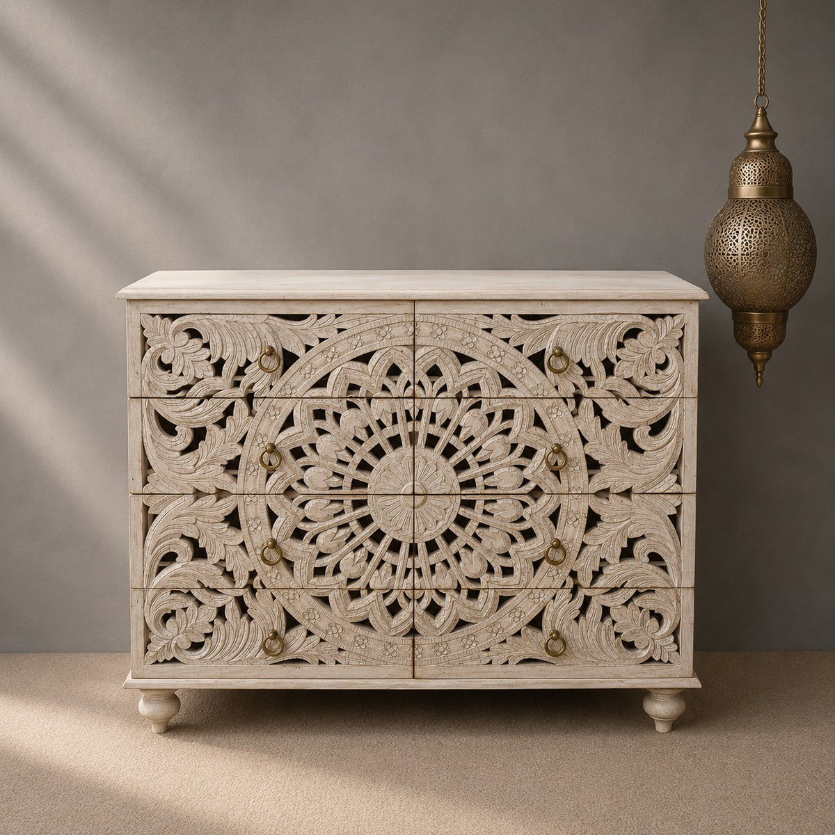 Handcrafted Whitewash Mandala Chest of Drawers | Carved Mango Wood Storage Chest | 8 Drawer Accent Cabinet for Bedroom & Living Room