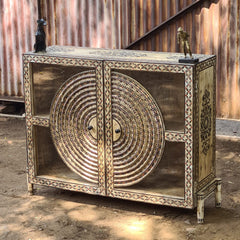 Handcrafted Hand-Painted Wooden Accent Cabinet | Mandala Pattern Storage Cabinet with Decorative Folk Art Design | Rustic Boho Sideboard for Living Room & Entryway