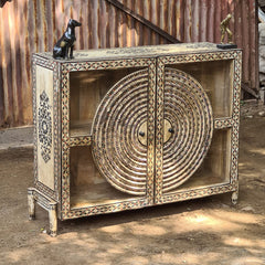 Handcrafted Hand-Painted Wooden Accent Cabinet | Mandala Pattern Storage Cabinet with Decorative Folk Art Design | Rustic Boho Sideboard for Living Room & Entryway