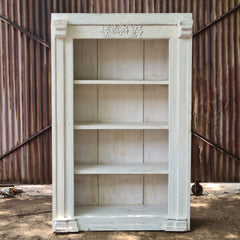 Vintage Whitewash Solid Wood Bookshelf | Open Display Bookcase with Architectural Columns & Hand-Carved Details
