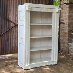 Vintage Whitewash Solid Wood Bookshelf | Open Display Bookcase with Architectural Columns & Hand-Carved Details