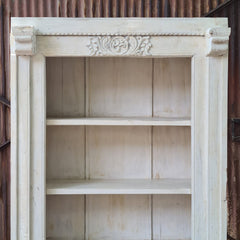 Vintage Whitewash Solid Wood Bookshelf | Open Display Bookcase with Architectural Columns & Hand-Carved Details