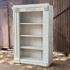 Vintage Whitewash Solid Wood Bookshelf | Open Display Bookcase with Architectural Columns & Hand-Carved Details