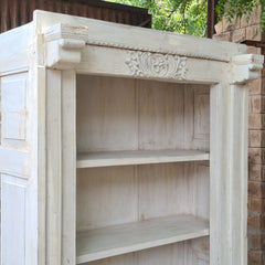 Vintage Whitewash Solid Wood Bookshelf | Open Display Bookcase with Architectural Columns & Hand-Carved Details