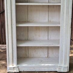 Vintage Whitewash Solid Wood Bookshelf | Open Display Bookcase with Architectural Columns & Hand-Carved Details