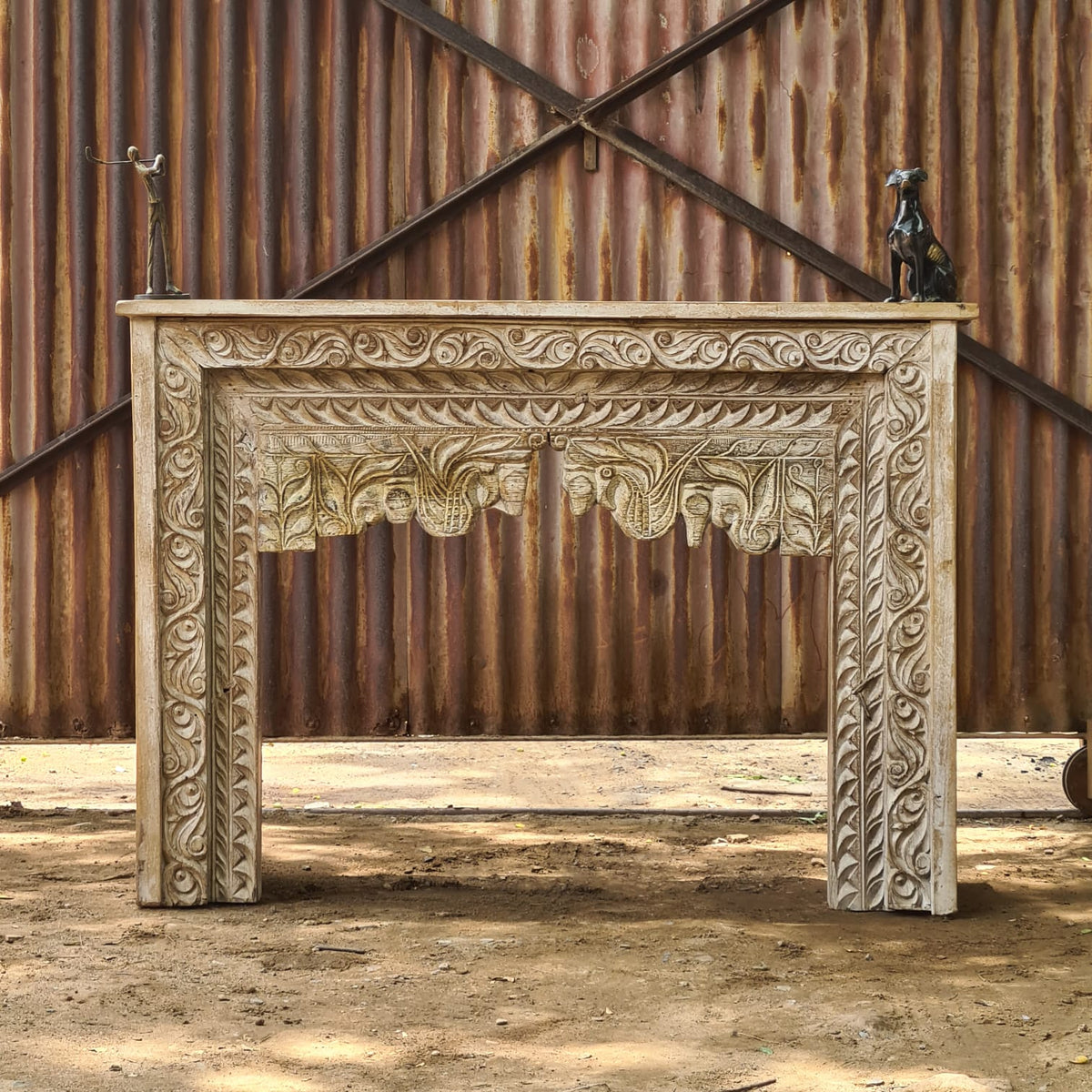 Handcrafted Solid Wood Console Table with Intricate Floral Carving | Rustic Entryway, Hallway & Living Room Accent Table