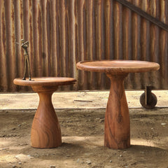 Handcrafted Solid Wood Pedestal Side Table Set of 2 | Round Rustic Accent Tables for Living Room, Bedroom & Lounge