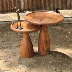 Handcrafted Solid Wood Pedestal Side Table Set of 2 | Round Rustic Accent Tables for Living Room, Bedroom & Lounge