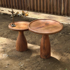 Handcrafted Solid Wood Pedestal Side Table Set of 2 | Round Rustic Accent Tables for Living Room, Bedroom & Lounge
