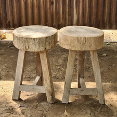Rustic Solid Wood Round Stools (Set of 2) | Handcrafted Natural Wood Accent Seating