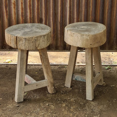 Rustic Solid Wood Round Stools (Set of 2) | Handcrafted Natural Wood Accent Seating