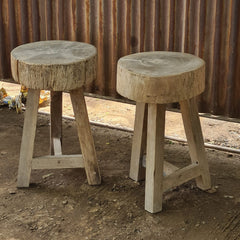 Rustic Solid Wood Round Stools (Set of 2) | Handcrafted Natural Wood Accent Seating
