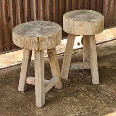 Rustic Solid Wood Round Stools (Set of 2) | Handcrafted Natural Wood Accent Seating