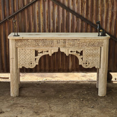 Hand-Carved Solid Wood Console Table with Floral & Architectural Motifs | Rustic Whitewash Entryway, Hallway & Living Room Accent Table