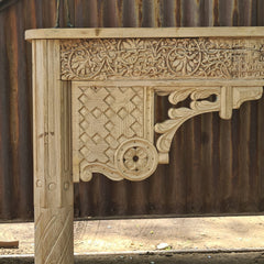 Hand-Carved Solid Wood Console Table with Floral & Architectural Motifs | Rustic Whitewash Entryway, Hallway & Living Room Accent Table