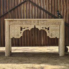 Hand-Carved Solid Wood Console Table with Floral & Architectural Motifs | Rustic Whitewash Entryway, Hallway & Living Room Accent Table