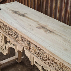 Hand-Carved Solid Wood Console Table with Floral & Architectural Motifs | Rustic Whitewash Entryway, Hallway & Living Room Accent Table