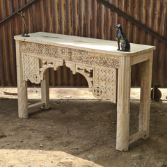 Hand-Carved Solid Wood Console Table with Floral & Architectural Motifs | Rustic Whitewash Entryway, Hallway & Living Room Accent Table